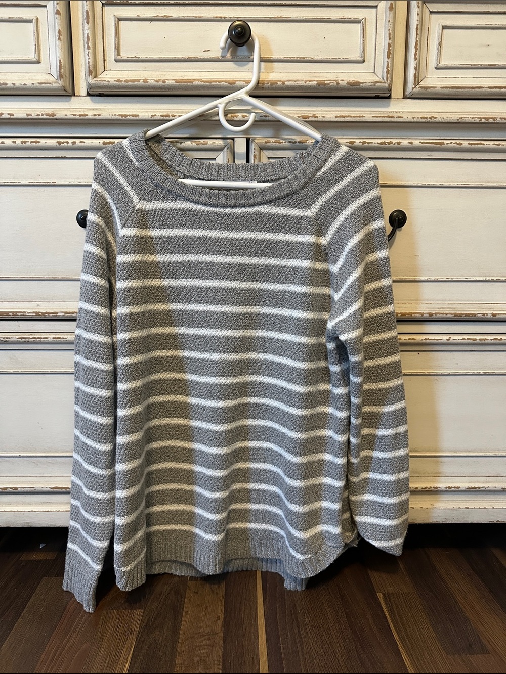 Pink Clover Gray and White Striped Crewneck Sweater